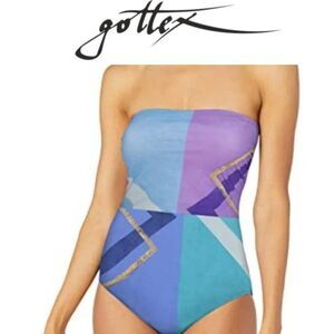 Gottex Modern Art Blue Bandeau Strapless Swimsuit